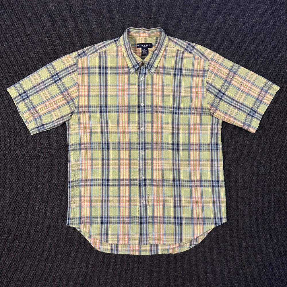 Ivy Crew Vintage Seersucker Shirt Mens L Green Plaid Short Sleeve Button Down